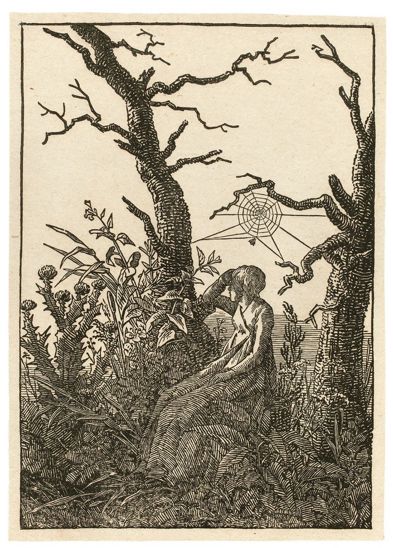 Caspar David Friedrich, Žena s pavučinou mezi holými stromy, č. kat. 124, dřevořez/papír, 17,1 x 12, 8 cm, odhad 10 – 15 000 EUR, prodáno za 901 000 EUR 