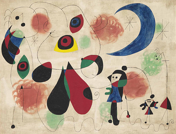 Juan Miró: Malba (Žena, Měsíc, Ptáci) / olej na plátně / 114 cm x 146 cm  / Christie’s 4. 2. 2015 / 15 500 000 GBP