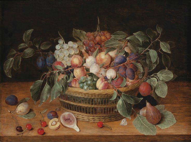 Jacob van Hulsdonck: Koš s broskvemi, švestkami a grepy / přelom 16. a 17. století / olej na plátně / 48 x 64 cm / Sotheby’s 26. 3. 2015 / 250 – 350 tisíc EUR