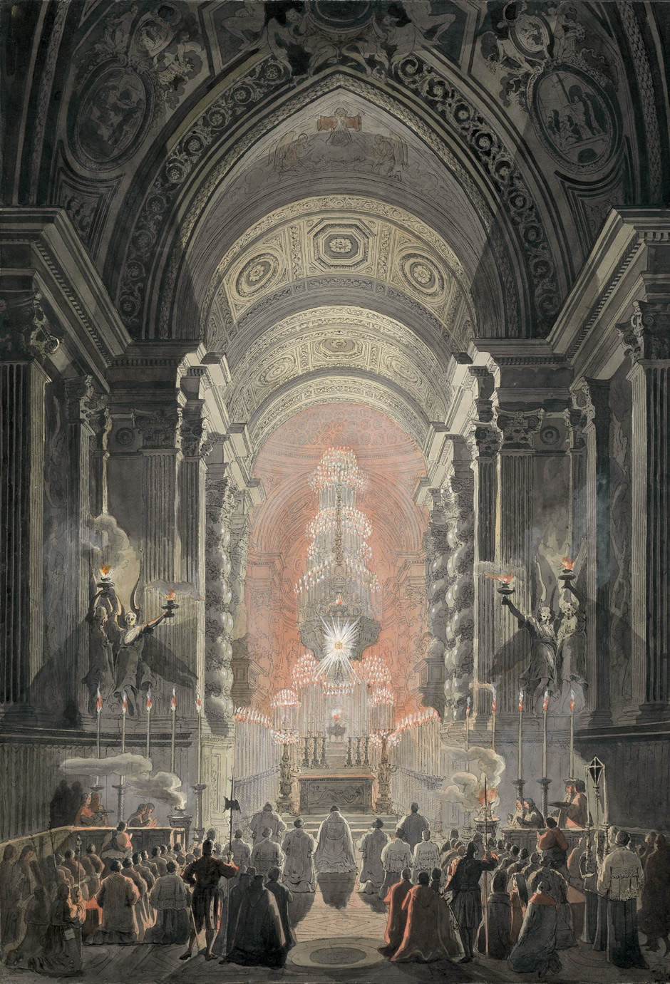 Francesco Piranesi podle Louise-Jeana Despreze: Cappella Paolina ve Vatikáno během pobožnosti Quarant' Ore / okolo 1783–1785 / obrysový lept doplněný akvarelem a kvašem na papíře / Bassenge / č. kat. 5304 / 56 000 EUR