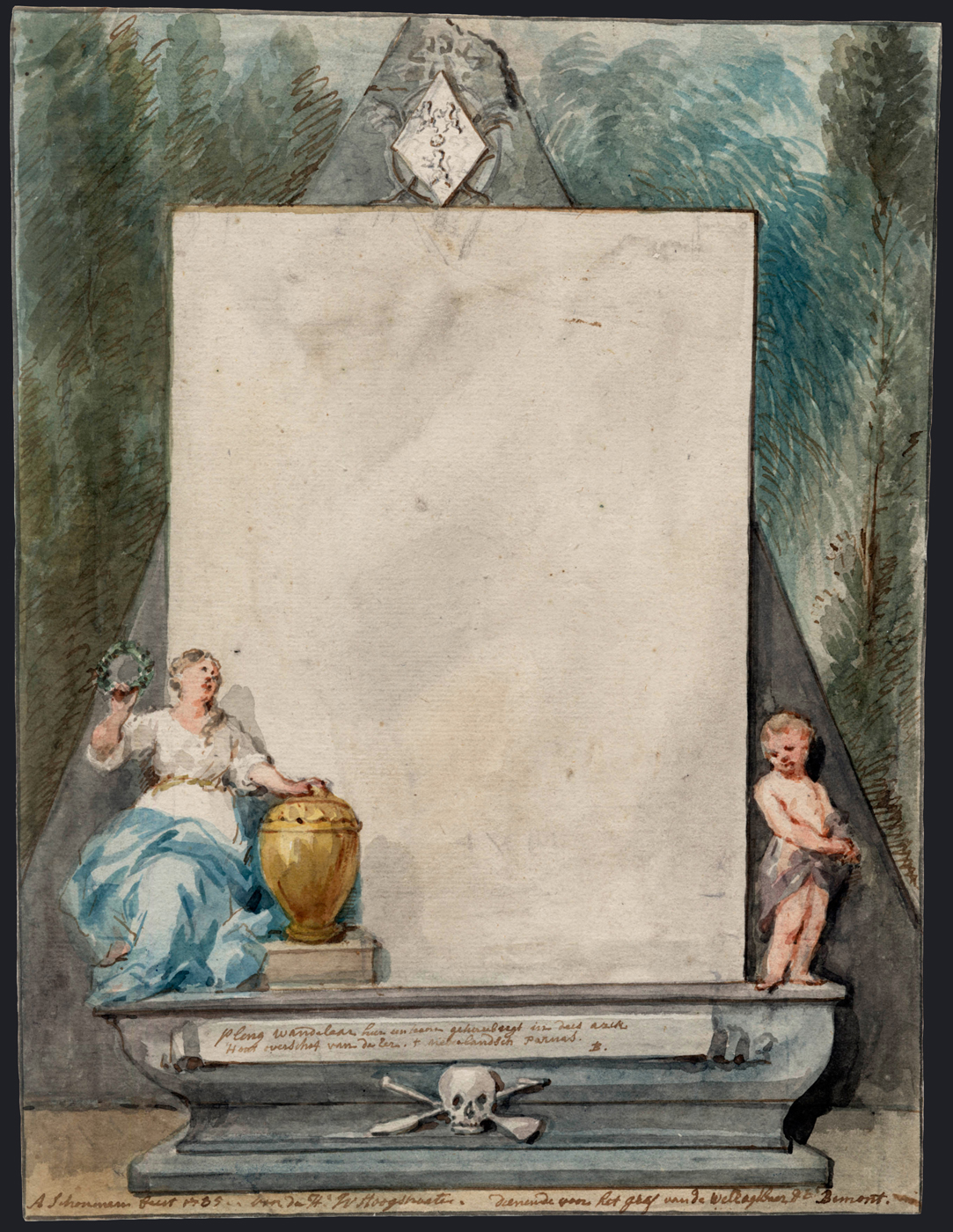 Aert Schouman: Návrh náhrobku / křída, pero, hnědý inkoust a akvarel na papíře / č. kat. 20 / Christie's Amsterdam 13. 5. 2015 / odhad 1200 – 1800 EUR / cena 750 EUR