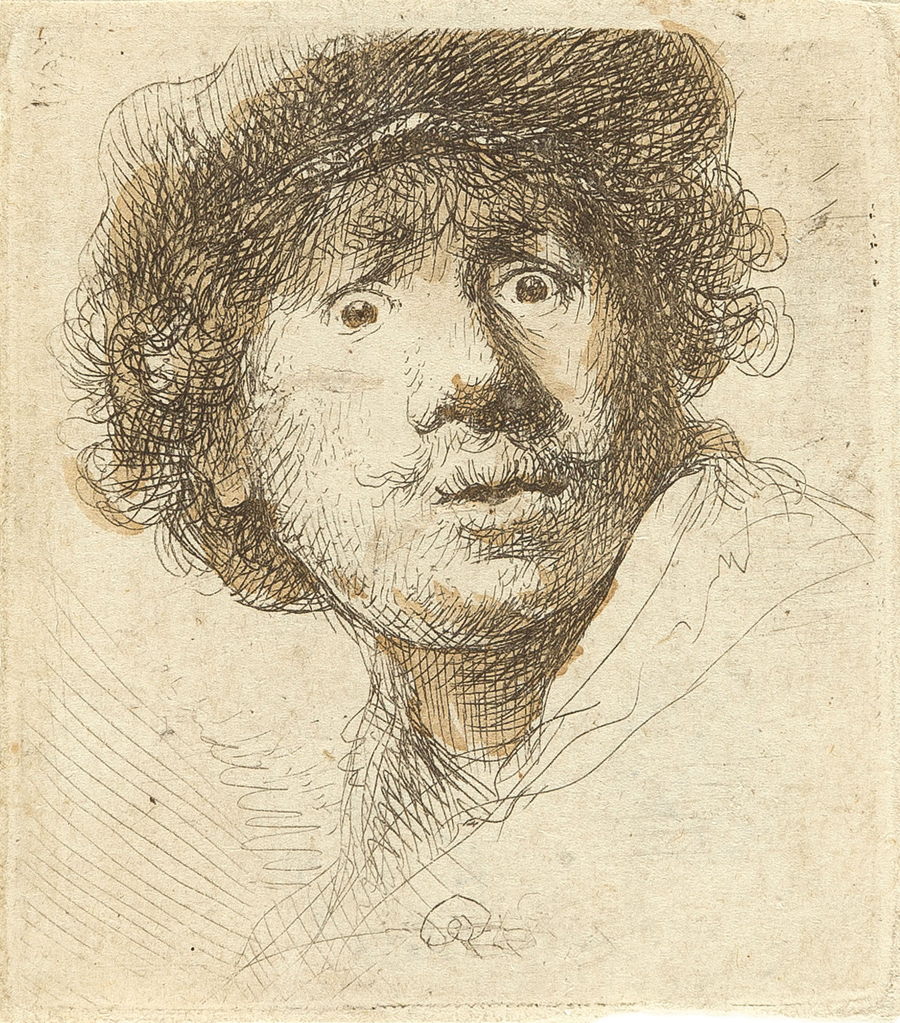 Rembrandt Harmensz van Rijn: Autoportrét s čepicí a otevřenými ústy / lept kolorovaný hnědou tuší na papíře /Karl und Faber Mnichov 29. 4. 2016 / č. kat. 233 / odhad 13 000 - 15 000 eur
