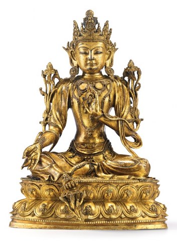 Buddha Avalókitéšvara, Čína, 1447 zlacený bronz, výška 34,9 cm,  cena: 14 398 000 Kč