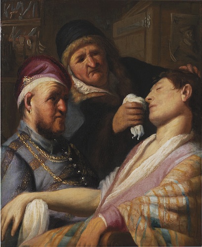 Rembrandt: Čich (Omdlévající pacient), 1624–25, olej na dřevě, 21,6 x 17,8 cm, Leiden Collection, New York