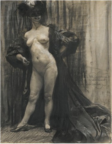 František Kupka: Femme dénudée dans un intérieur  uhel a křída na papíře, 58.7 x 47.1 cm cena: 111 000 eur Sotheby's Paříž, 1. 6. 2016