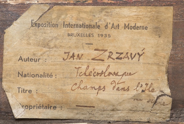 štítek z výstavy v Bruselu v roce 1935 na reversní straně obrazu