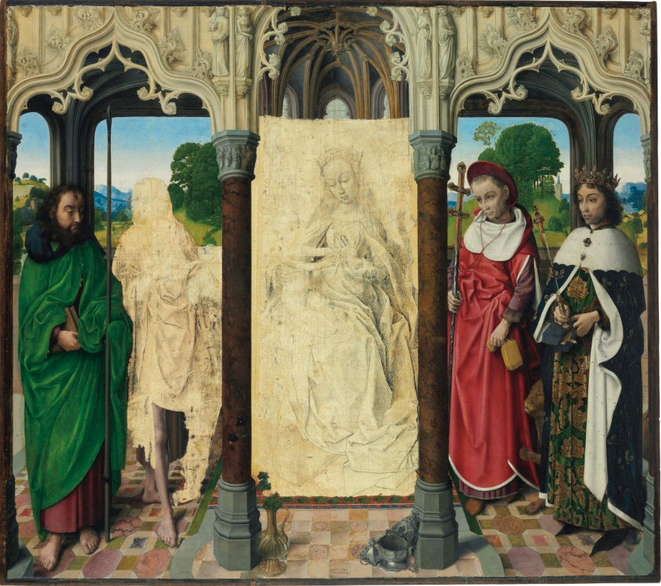 Hugo van der Goes (připsáno): Madonna se svatým Tomášem,  Janem Křtitelem, Jeronýmem a Ludvíkem olej na desce, 110.8 x 125.2 cm dosažená cena: 8 983 500 USD