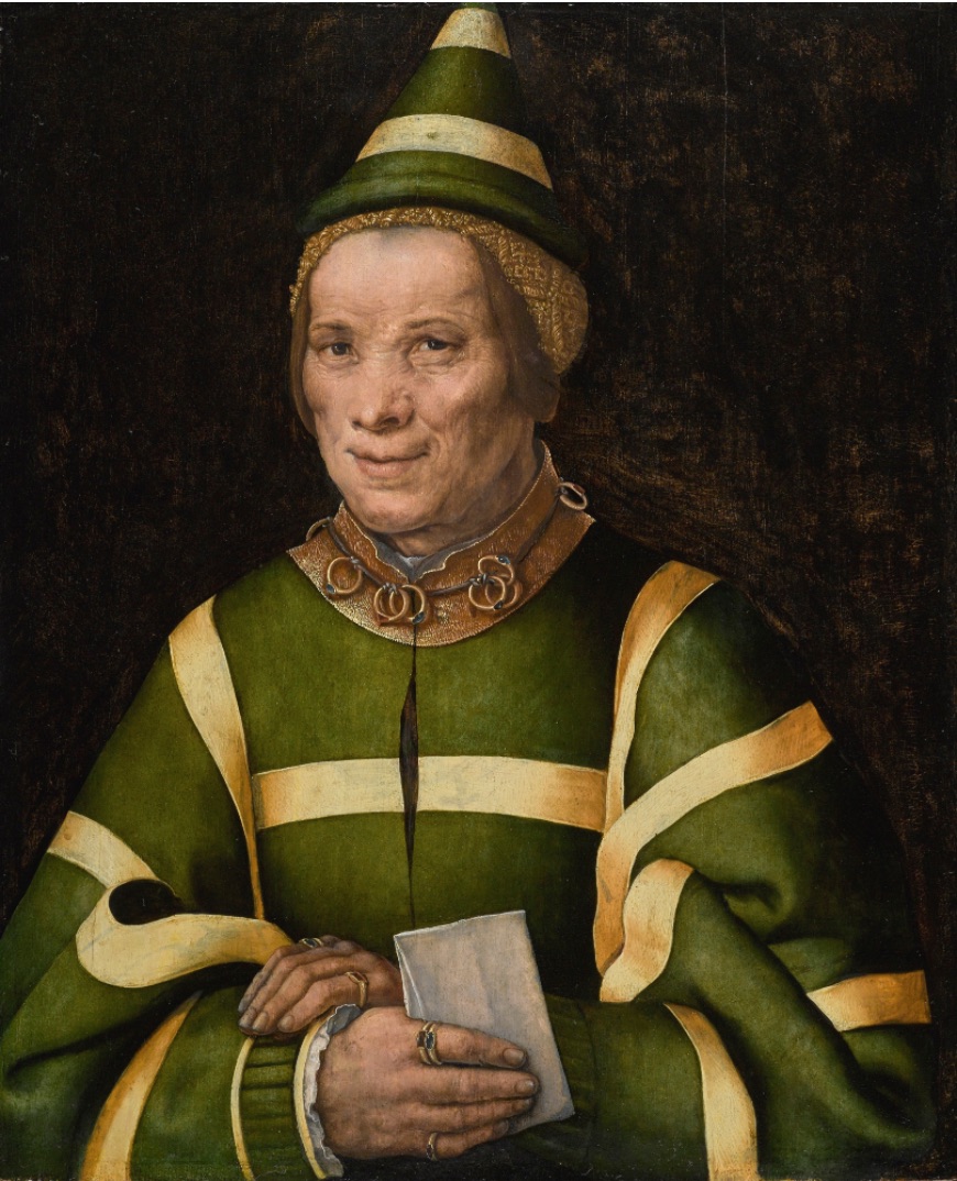 Jan Sanders van Hemessen Portrait of Elisabet, court fool of Anne of Hungary  olej na dubové desce, 49,4 cm x 40,4 cm dosažená cena: 2 168 750 GBP Sotheby’s Londýn, 5. 7. 2017