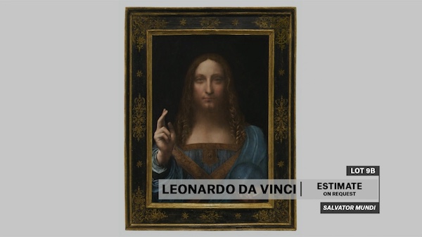 Leonardo da Vinci: Kristus Spasitel, kolem 1500, záznam online přenosu aukce