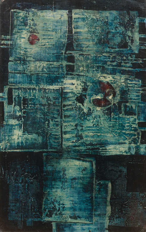 Mikuláš Medek: Maso kříže, 1961  akryl na hobrové desce, 58 x 37 cm  odhadní cena: 16 670 až 25 000 EUR (bez provize 15-25%) Koller, Curych, 30. 6. 2018