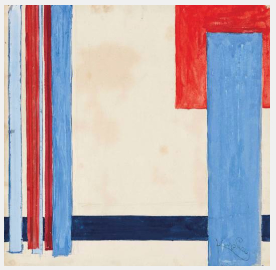František Kupka:Plan bleu dans le rouge,kol. 1932 kvaš na papíře, 28,6 x 29,1 cm dosažená cena: 59 920 EUR Christie’s Londýn 21. 6. 2018