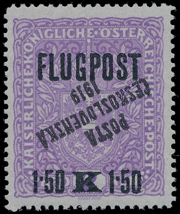 Letecká známka 1919 s převráceným přetiskem,  cena: 1 428 000 Kč, Burda Auction 1. 10. 2017