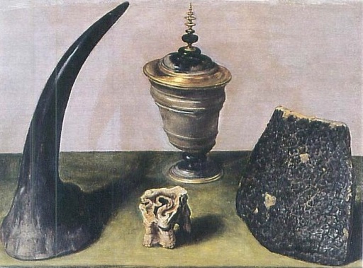 Kvaš ukazující roh z afrického nosorožce, zub, kus kůže a pohár vyřezaný z nosorožčího rohu. Obrázek v roce 1579 nechal pro Rudolfa II. namalovat velvyslanec ve Špa