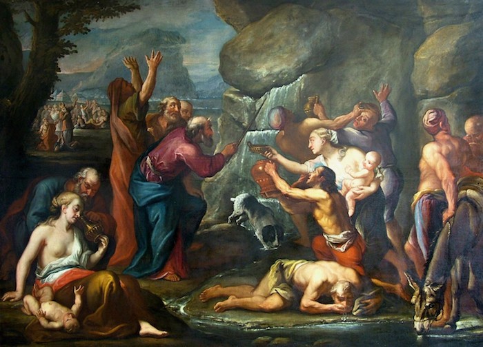 Jacob de Backer (připsáno): Mojžíš vyrážející vodu ze skály, konec 16. století 