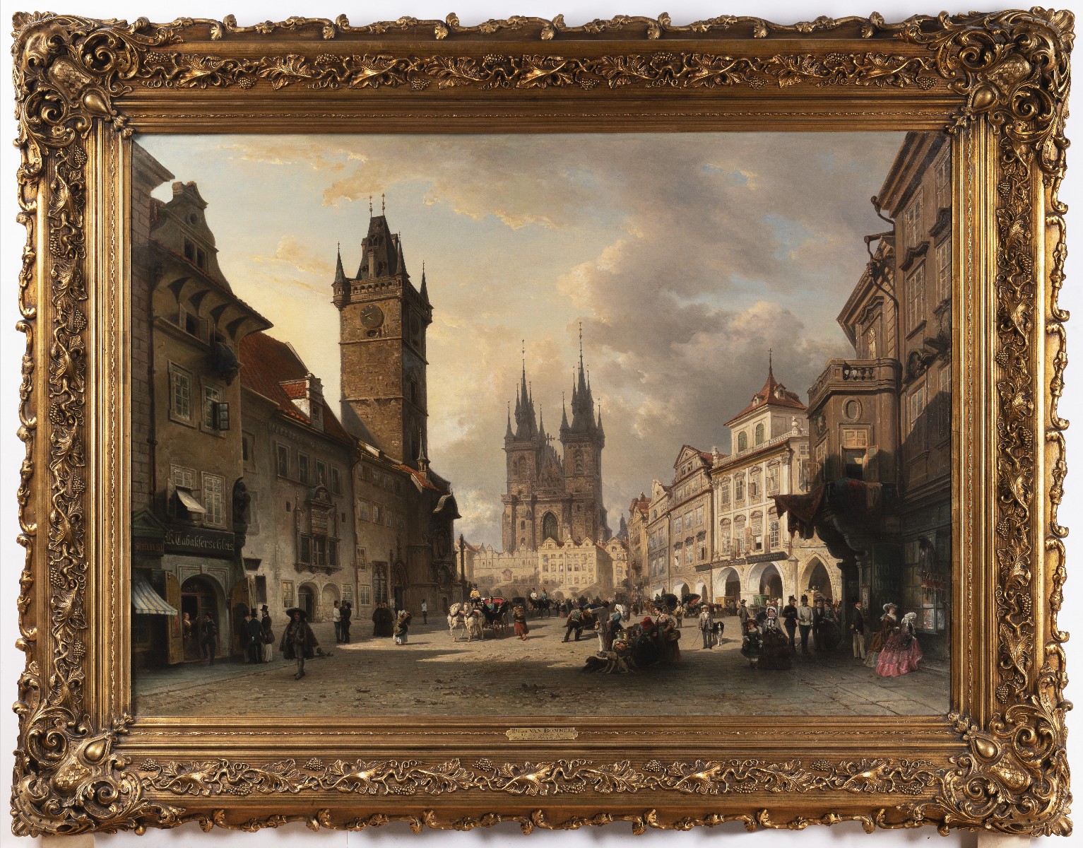Obraz s pohledem na Staroměstské náměstí včetně původního rámu