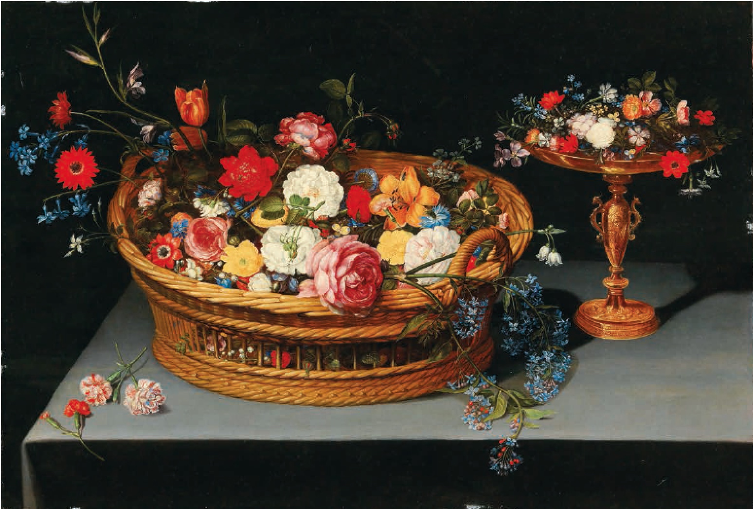 Jan Brueghel mladší: Košík s květy a miskou na nožce olej na desce, 59 x 86,5 cm odhadní cena: 100.000 až 150.000 € (+ provize a další poplatky)