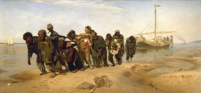 Ilja Jefimovič Repin: Burlaci na Volze, 1870–73, olej na plátně, 131,5 × 281 cm