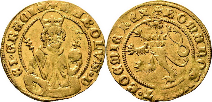 Císařský dukát Karla IV., po 1356, cena: 780 000 Kč, Aurea Numismatika 7. 12. 2019
