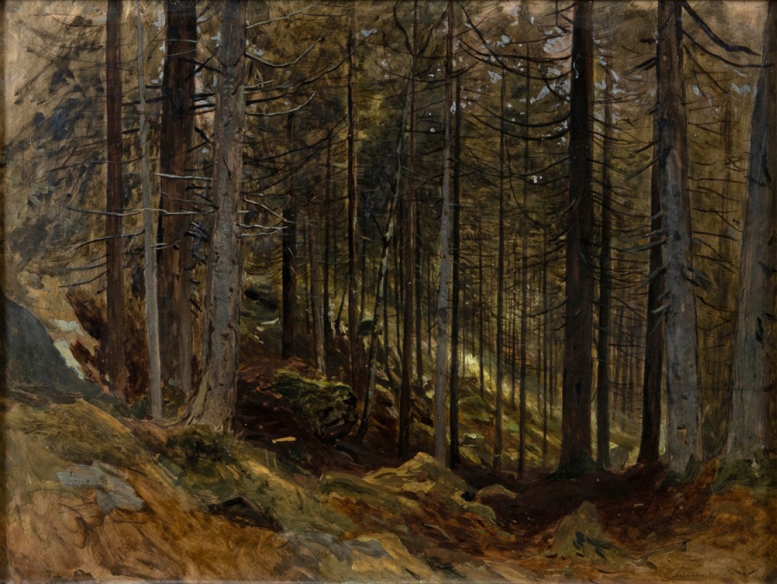 Julius Mařák: Interiér lesa, 1890-95,  olej na lepence, 48,5 × 65 cm, vyvolávací cena: 450 000 Kč (+ 22% provize), Galerie Pictura 9. 12. 2020