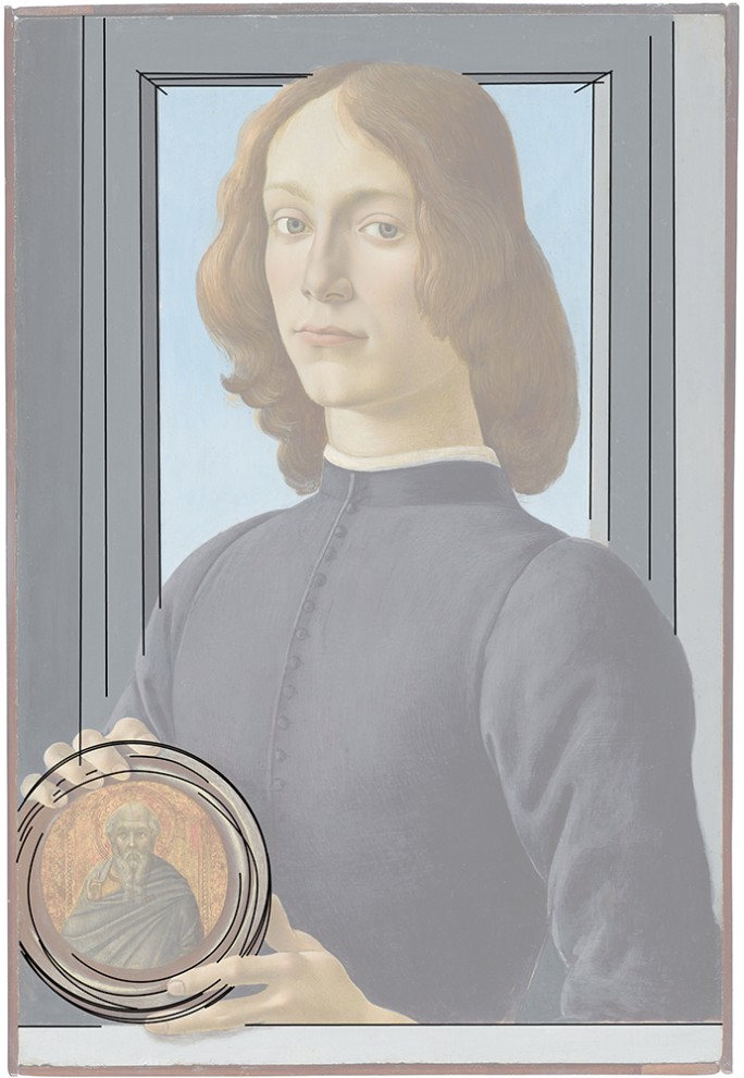 Sandro Botticelli: Podobizna mladého muže s medailonem, asi 1475-1485, rekonstrukce přípravných rysek pro geometrické linie obrazu