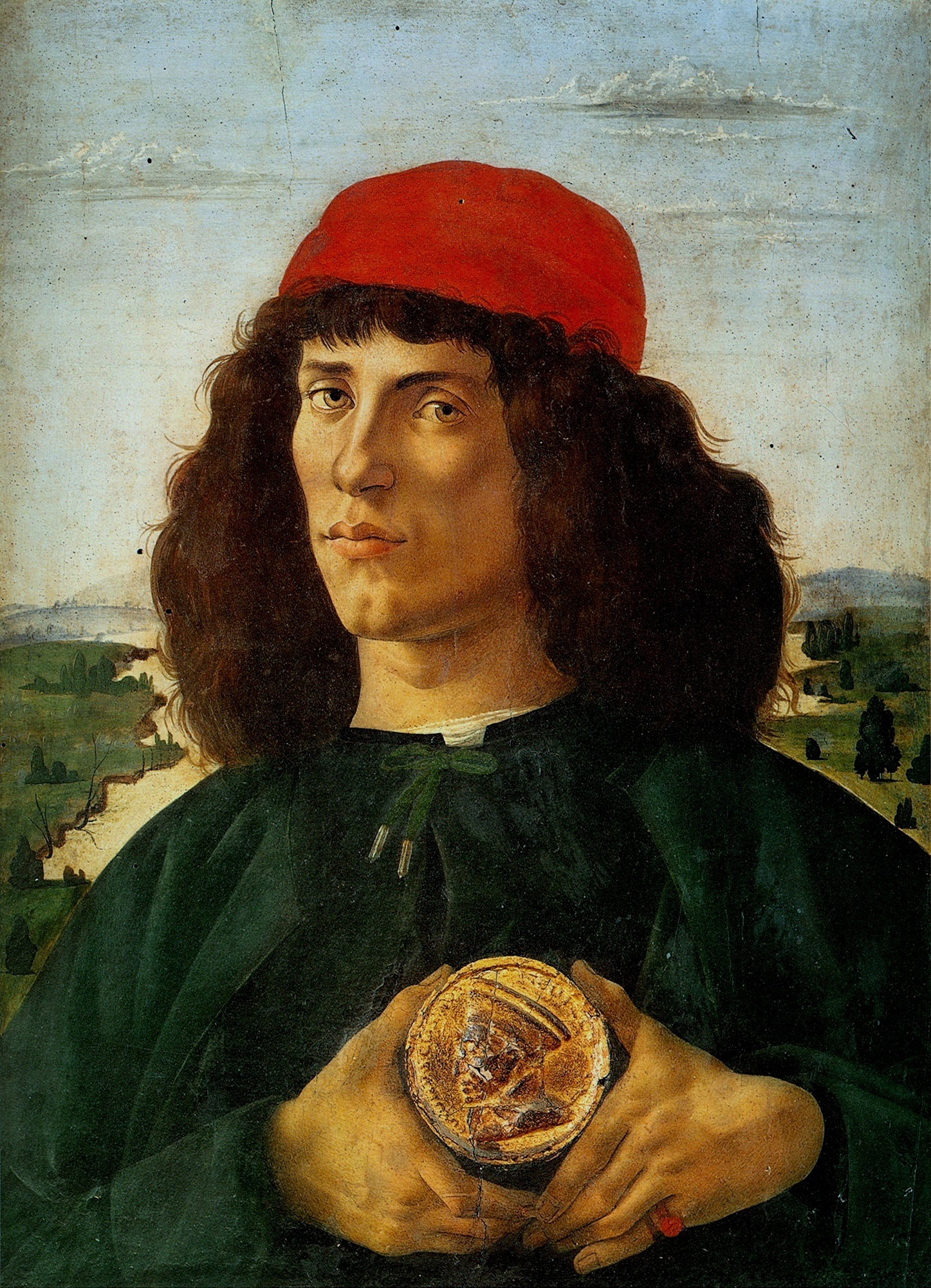 Sandro Botticelli: Podobizna muže s medailí Cosima Medicejského zv. Il Vecchio,  asi 1474-75, tempera na desce, 57,5 x 44 cm,  Gallerie degli Uffizi, Florencie