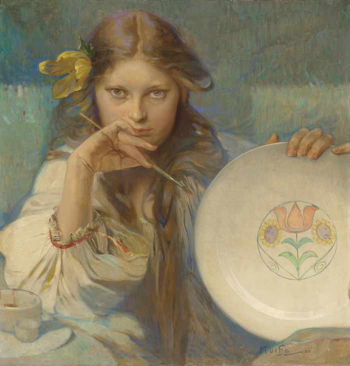 Alfons Mucha: Dívka malující lidový motiv, 1920
