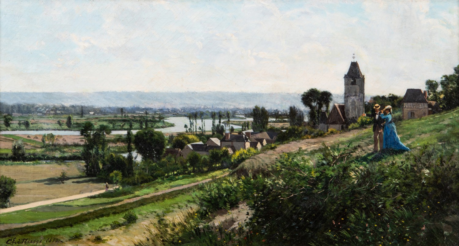 Antonín Chittussi: Francouzská krajina s dvojicí, 1882 olej na plátně, 35,5 x 65 cm, Galerie Pictura 24. 3. 2021, cena: 1 050 000 (+ 22% provize)