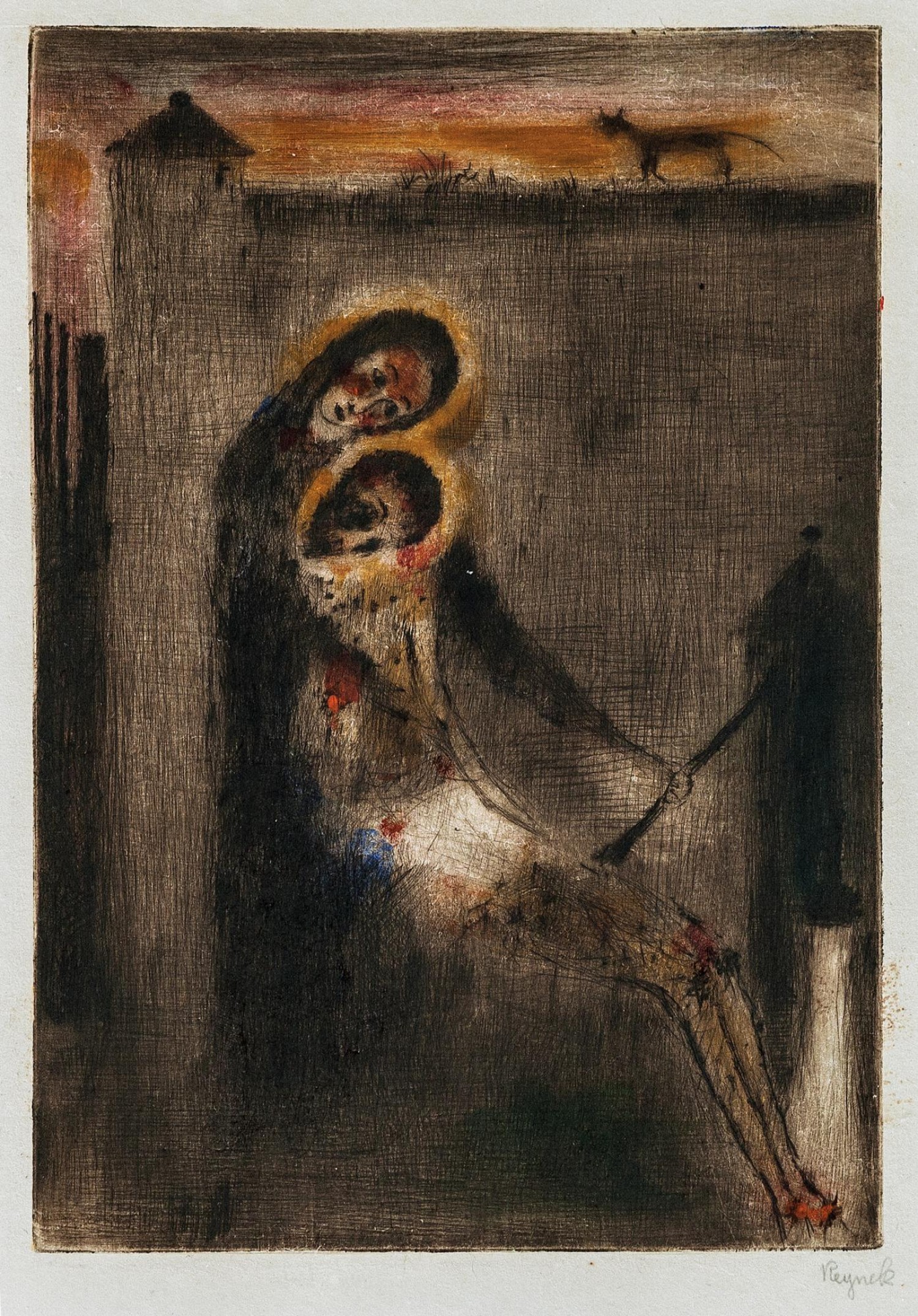 Bohuslav Reynek: Pieta u studně, 1949, such hella a monotype na ručním papíře, 24,5 x 15,7 cm, vyvolávací cena: 545 600 Kč, European Arts 21. 11. 2021