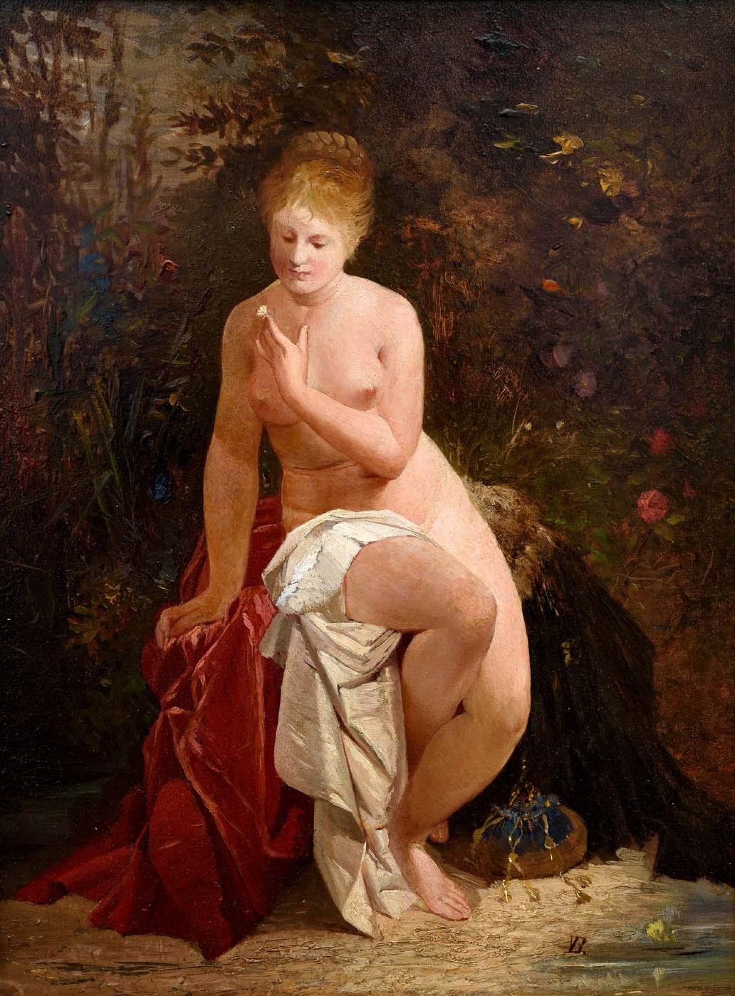 Václav Brožík: Sedící dívčí akt, 1873, olej na dřevě, 40 x 29 cm, vyvolávací cena: 250 000 Kč (+ 20% provize), Galerie Kodl 28. 11. 2021