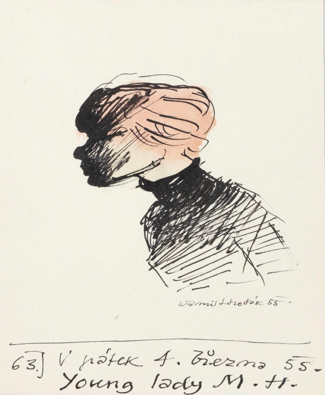 Kamil Lhoták: Young Lady M. H., 1955, tuš a akvarel na papíře, 14 x 11,5 cm, cena: 133 100 Kč, Adolf Loos Apartment and Gallery 27. 11. 2021