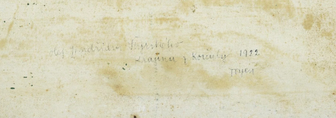 Přípis Toyen na zadní straně obrazu Jindřicha Štyrského Krajina z Korčuly