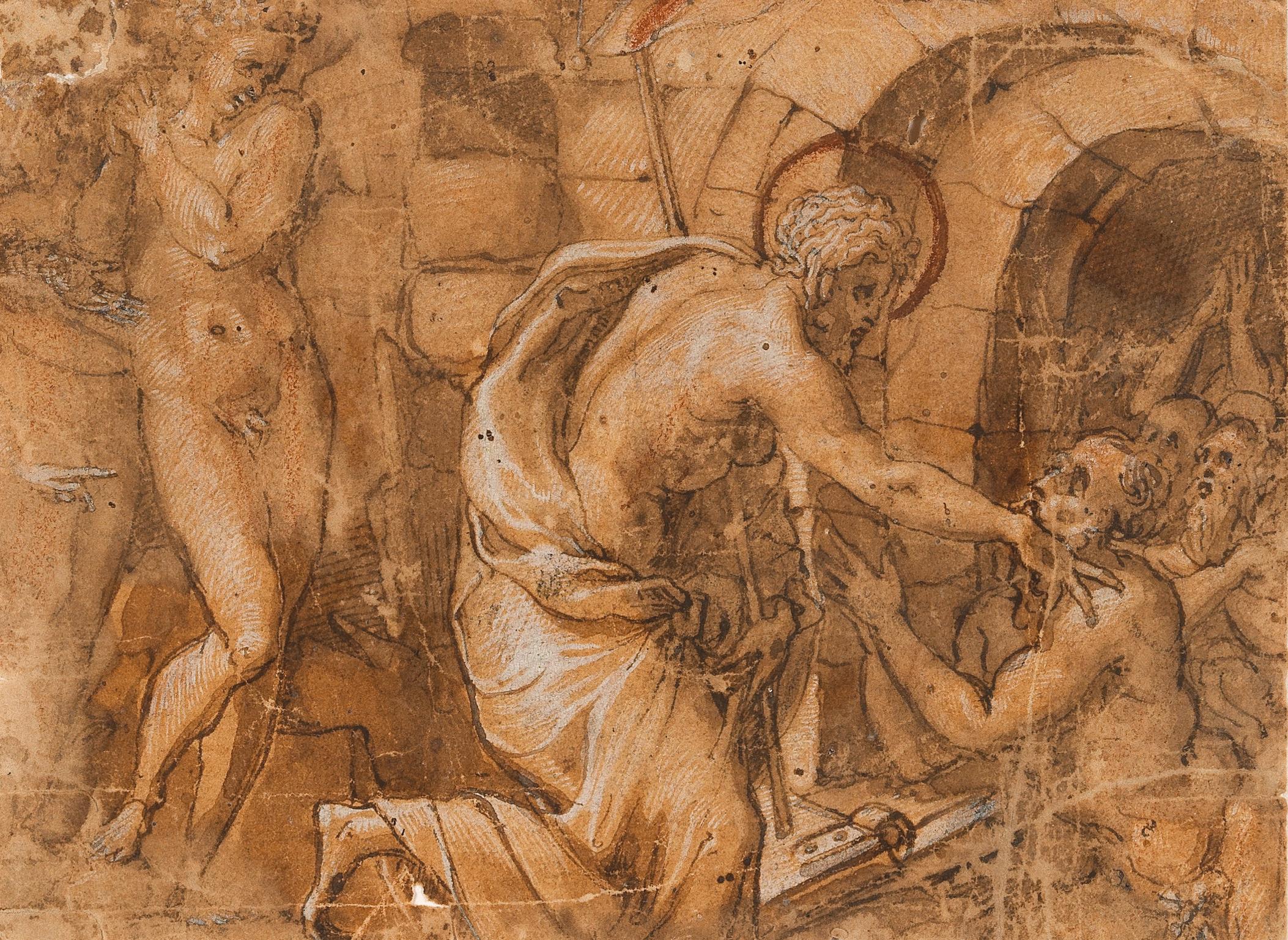 Francesco de‘ Rossi,  zvaný il Salviati: Kristus v předpeklí, kolem 1545, hnědá tuš na papíře, 9,5 x 12,5 cm,  odhadní cena: 6 000 – 8000 EUR Dorotheum Vídeň 20. 4. 2022 (+ provize)
