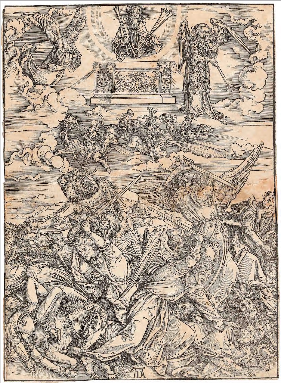 Albrecht Dürer: Čtyři andělé spravedlnosti z Eufratu, 1498, dřevořez na papíře, 39,5 x 8,5 cm, odhadní cena: 8 000 – 10 000 EUR (+ provize) Dorotheum Vídeň 20. 4. 2022