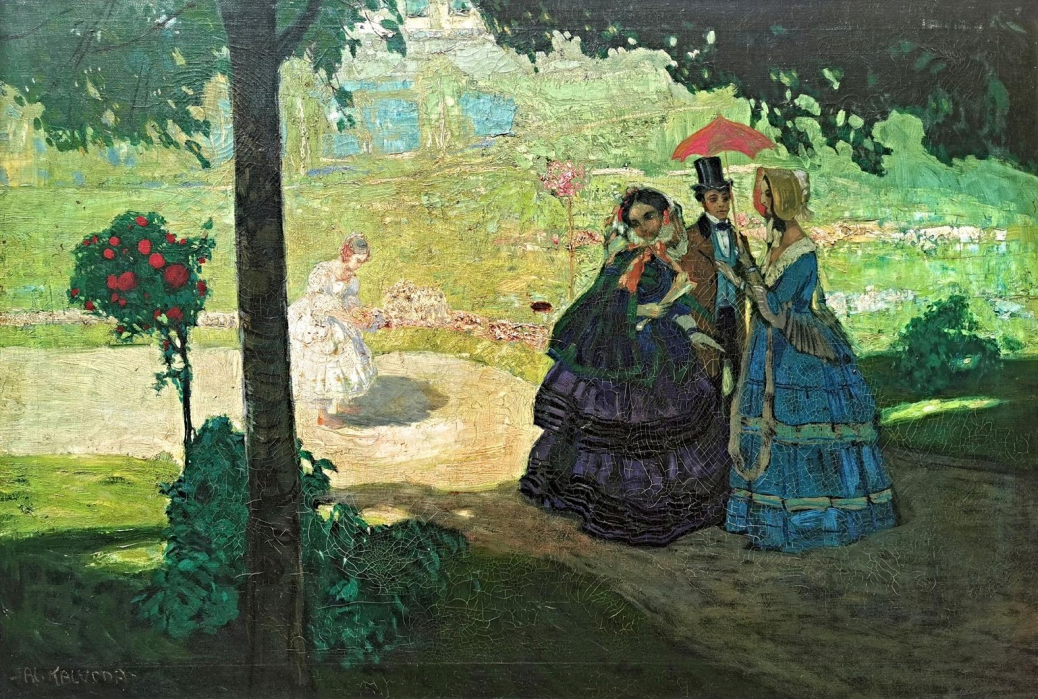Alois Kalvoda: V zámeckém parku, kolem roku 1905,  olej na plátně, 85,5 x 114 cm (včetně rámu), Galerie Ustar 15. 5. 2022, cena: 660 000 Kč