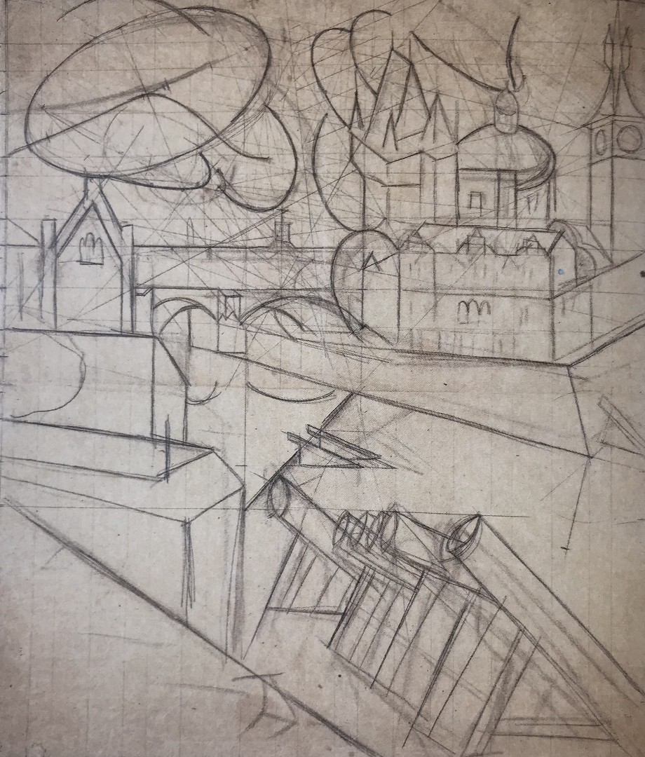 Bohumil Kubišta: Přípravná kresba k obrazu Staropražský motiv, 1911,  tužka na papíře, 94,8 x 81,8 cm, od roku 1964 Národní galerie v Praze (K 39175)