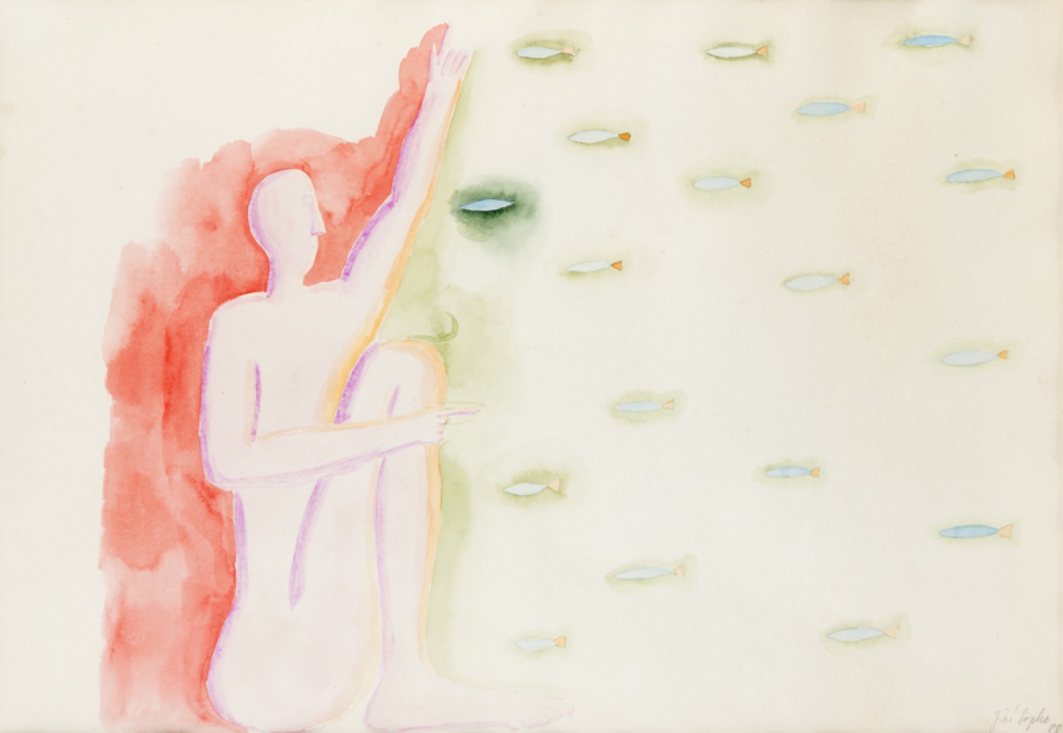 Jiří Sopko: Ryby, 1988, akvarel na ručním papíře, 40 × 67 cm, Aukční dům Sýpka 19. 6. 2022 cena: 90 000 Kč