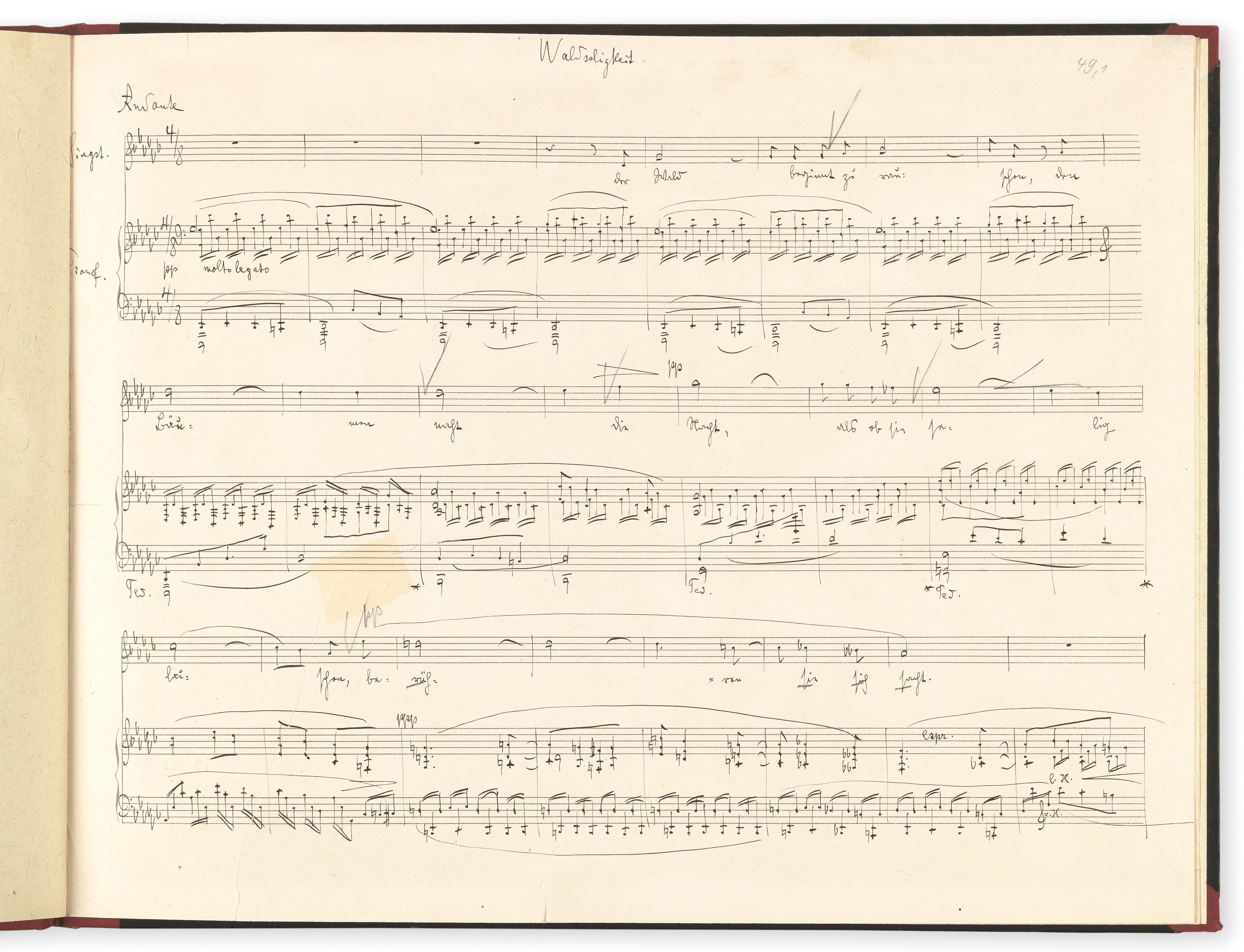 Richard Strauss: rukopis písně Waldseligkeit, op. 49/1, 1900–1, černý inkoust na papíře, plátěná vazba z pol. 20. stol., 26 x 34 cm,   Dorotheum Vídeň 7. 9. 2022, vyvolávací cena: 5 000 EUR (+ provize)