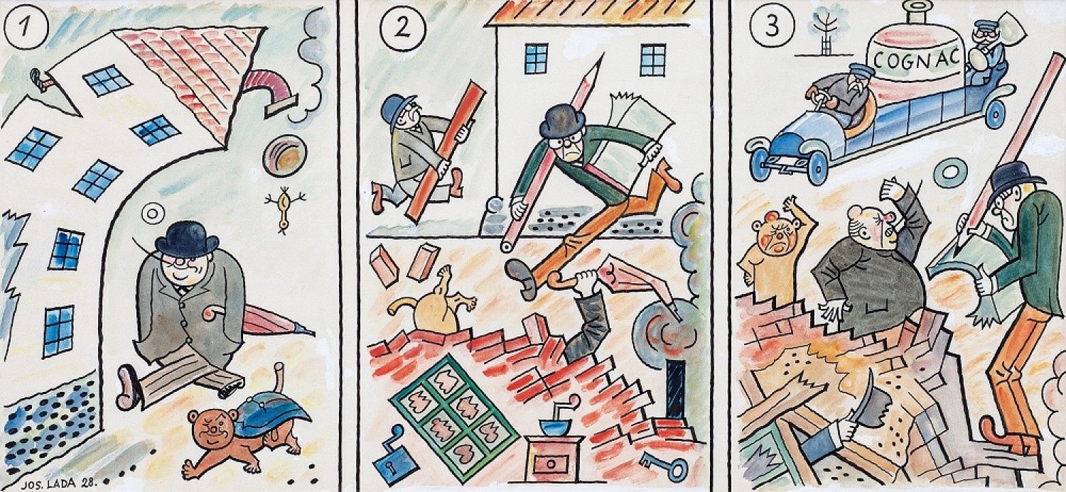 Josef Lada: Jak se dělají noviny, 1928 kombinovaná technika na kartonu (8 kreseb), 32 x 70 cm European Arts, 20. 11. 2016 cena: 3 539 700 Kč