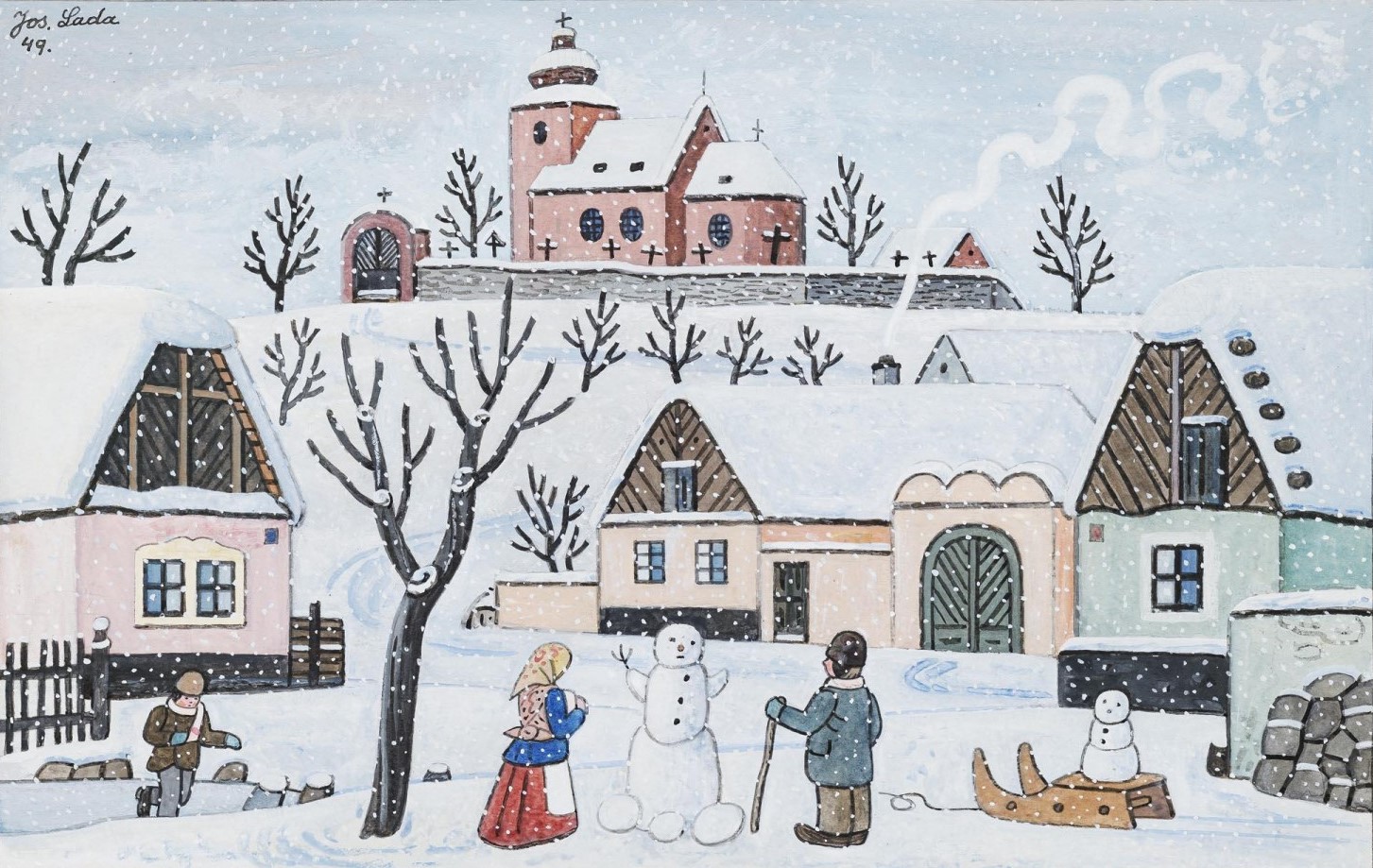 Josef Lada: Setkání u sněhuláka, 1949 kvaš na kartonu, 25 x 39 cm Galerie Kodl, 27. 11. 2022 cena: 3 360 000 Kč