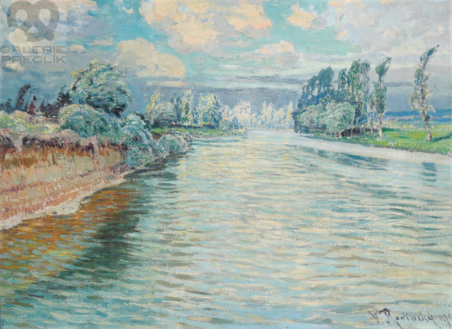 Václav Radimský: Větrný den na Seině, 1909,  olej na plátně, 71,5 x 100 cm, Galerie Preclík online 6. 9. 2022, cena: 1 980 000 Kč