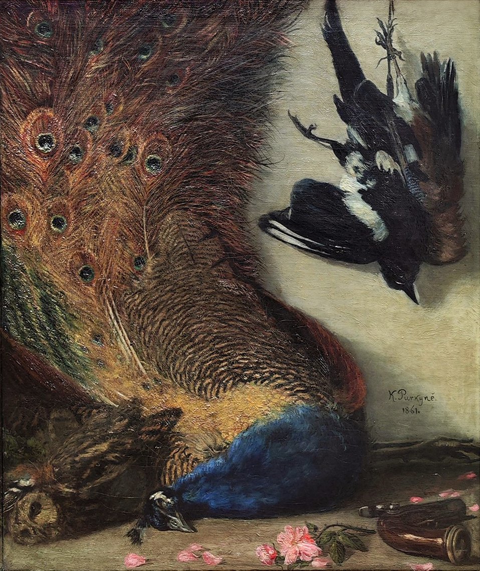 Karel Purkyně: Zátiší s pávem, 1861, olej na plátně, 94 x 79 cm,  Aukce obrazů U Národní galerie 13.3. online vyvolávací cena: 3 800 000 Kč (+ 20% provize)