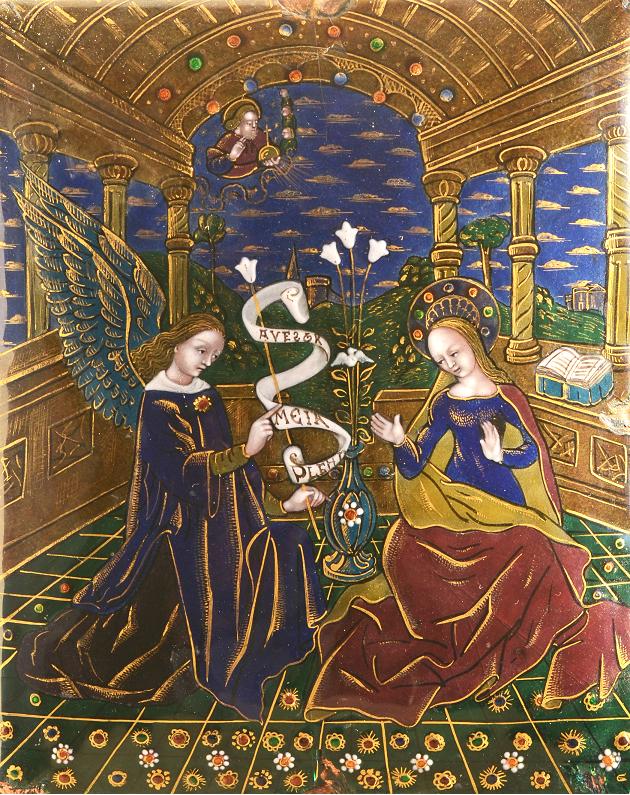 Mistr triptychu Ludvíka XII. (připsáno): Zvěstování panně Marii / poč. 16. stol / Francie, Limoges / translucidní smalty na měděném jádře / 150 x 120 cm