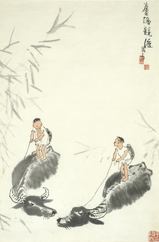 Li Kche-žan (1907–1989), Závody na rákosovém jezeře, tuš a barvy na papíře, 68 x 45 cm