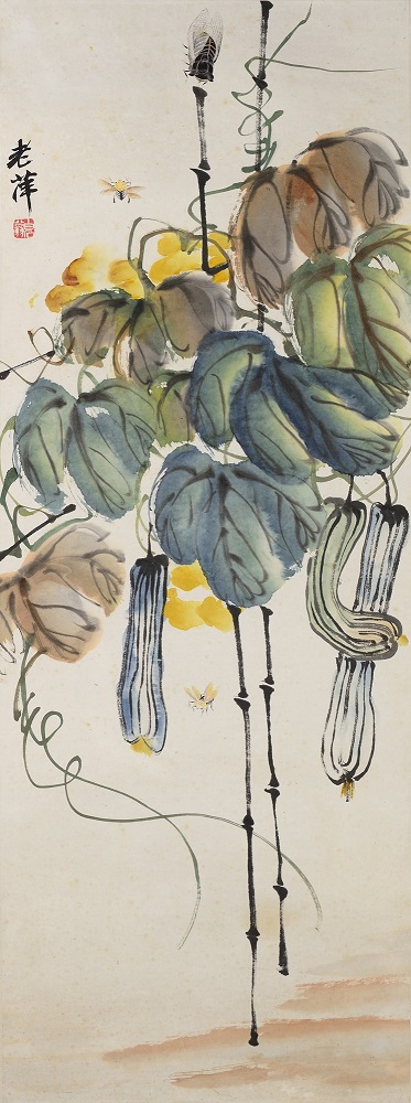 Čchi Paj-š´ (1864–1957), Tykve a hmyz, tuš a barvy na papíře, 106 x 41 cm