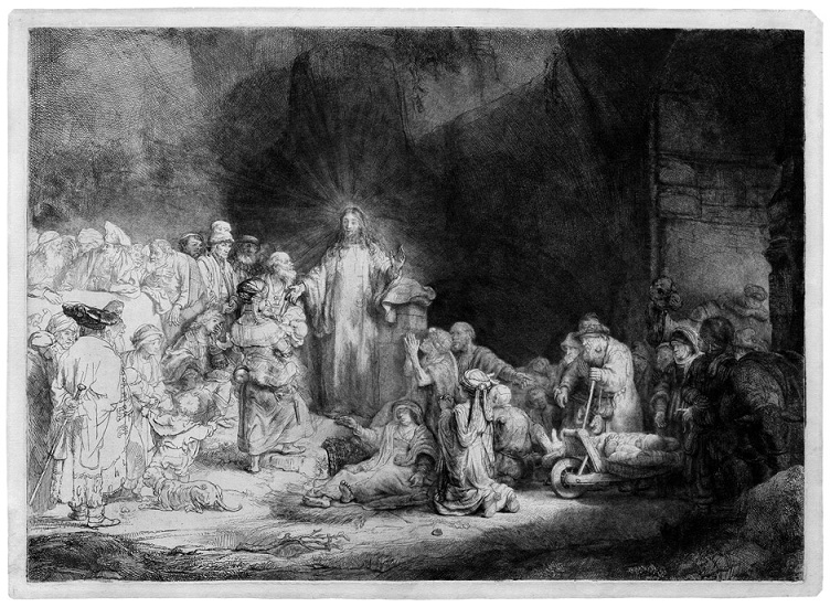 Rembrandt Harmensz. van Rijn, Kristus uzdravuje nemocné, lept na papíře, aukční síň Bassenge Berlin, vyv. cena 30 000 Eur