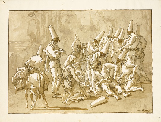 Giovanni Domenico Tiepolo: Pulchinellovo zhroucení na cestě / lavírovaná perokresba