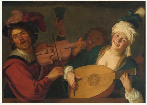 Gerrit van Honthorst: A merry group behind a balustrade with a violin and a lute player / nedatováno / olej na plátně / 99,4 x 138,5 cm / Sotheby`s New York 30. 1. 2014