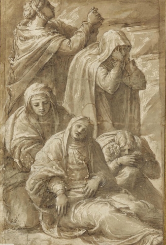 Polidoro da Caravaggio: Plačící ženy (Nesení Kříže) / lavírovaná perokresba, papír / 37,7 x 24, 5 cm / Christie´s 26.3.2014 / odhad 150 – 250 000 EUR