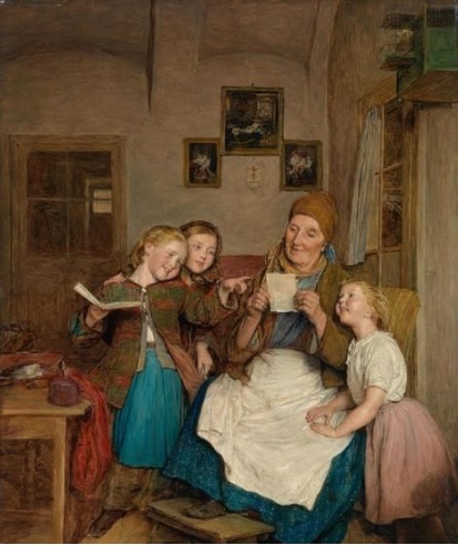 Ferdinand Georg Waldmuller: Babička se třemi vnoučaty / 1854 / olej na plátně / 48,5 x 37 cm / odhad 150 – 200 000 EUR, Dorotheum Vídeň 8. 4. 2014