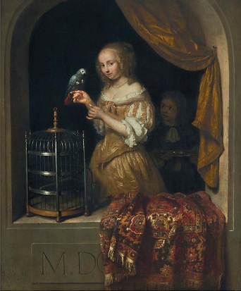 Caspara Netscher, Žena krmící papouška, č. kat. 16, olej, dřevo, 46 x 37 cm, odhad 2 – 3 000 000 USD